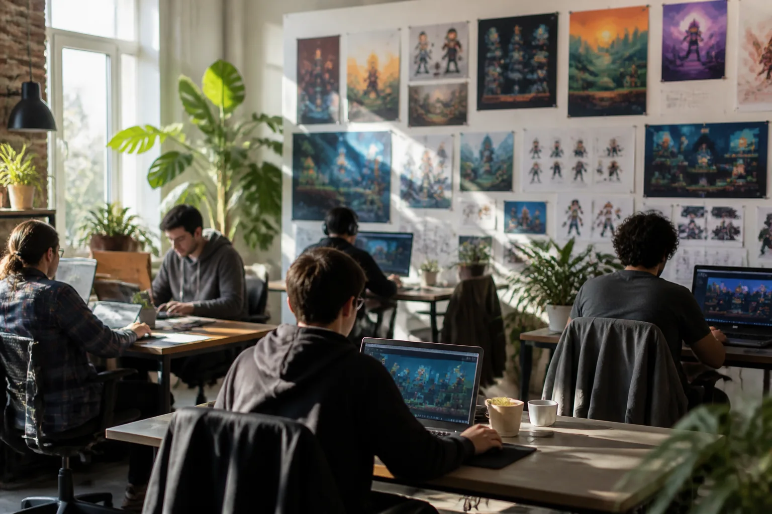 A lively game-design bootcamp studio with students at laptops and game sketches on the wall